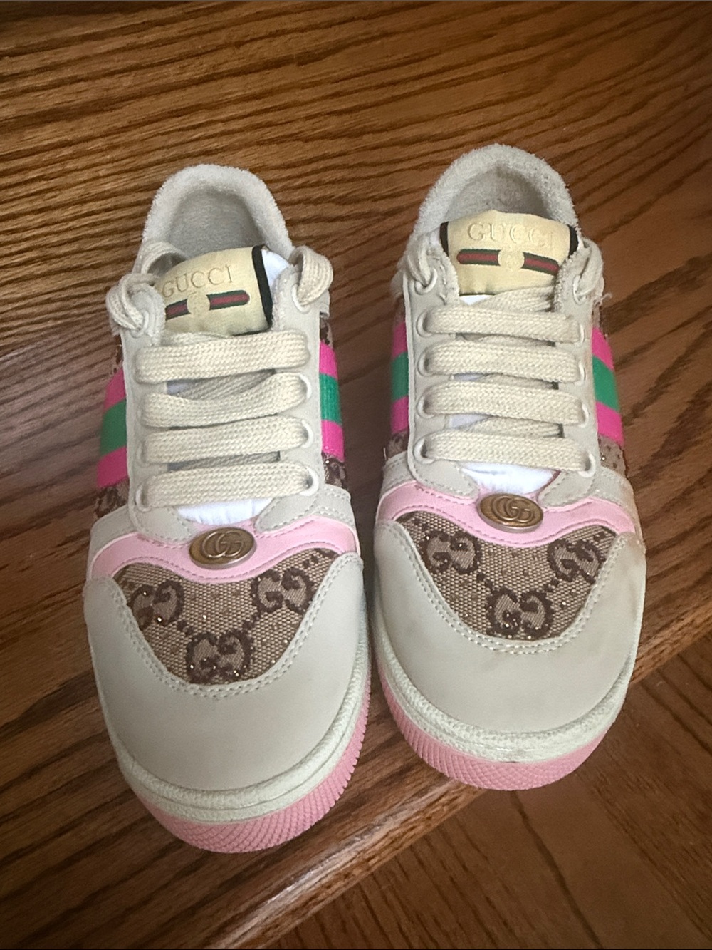 Gucci Cream Leather Sneakers with Pink & Green Stripes